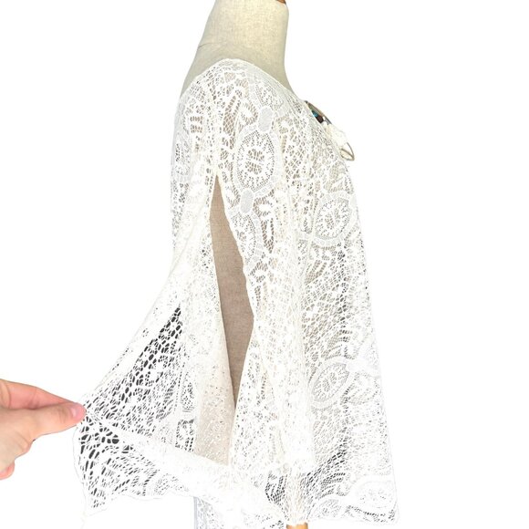 Western White Poncho OSFM Cover Up Lace Crochet Tassel Sheer Pullover Kimono‎ - Picture 3 of 8